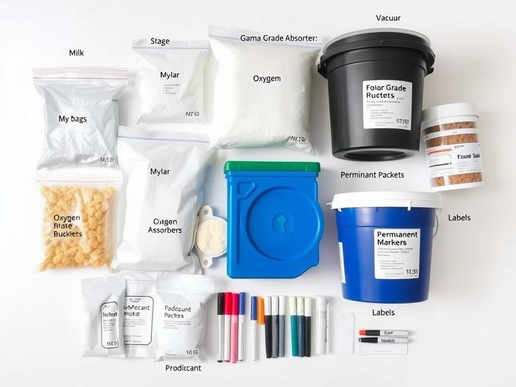 Essential emergency food storage supplies including Mylar bags, oxygen absorbers, food-grade buckets, and labels