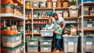 Family organizing emergency food supplies in their pantry with labeled containers and storage bins