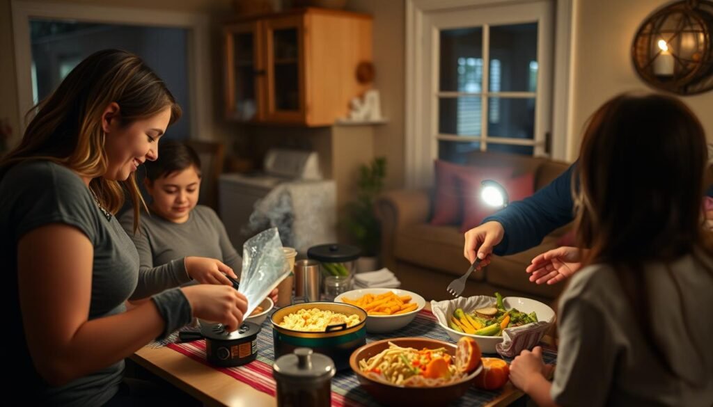 Family using their emergency food storage during a power outage after a storm