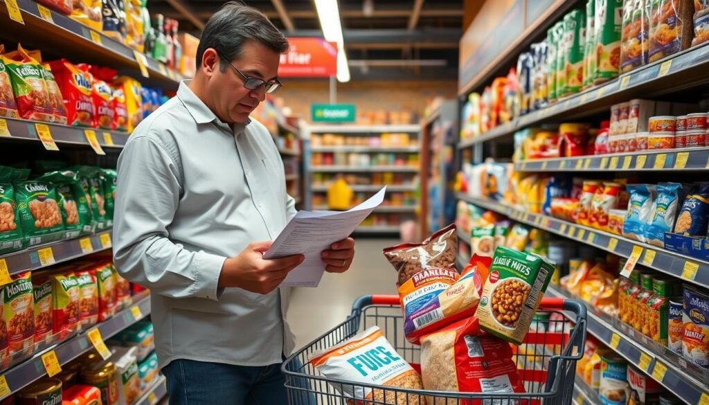 Person comparing prices and using coupons while shopping for emergency food storage items