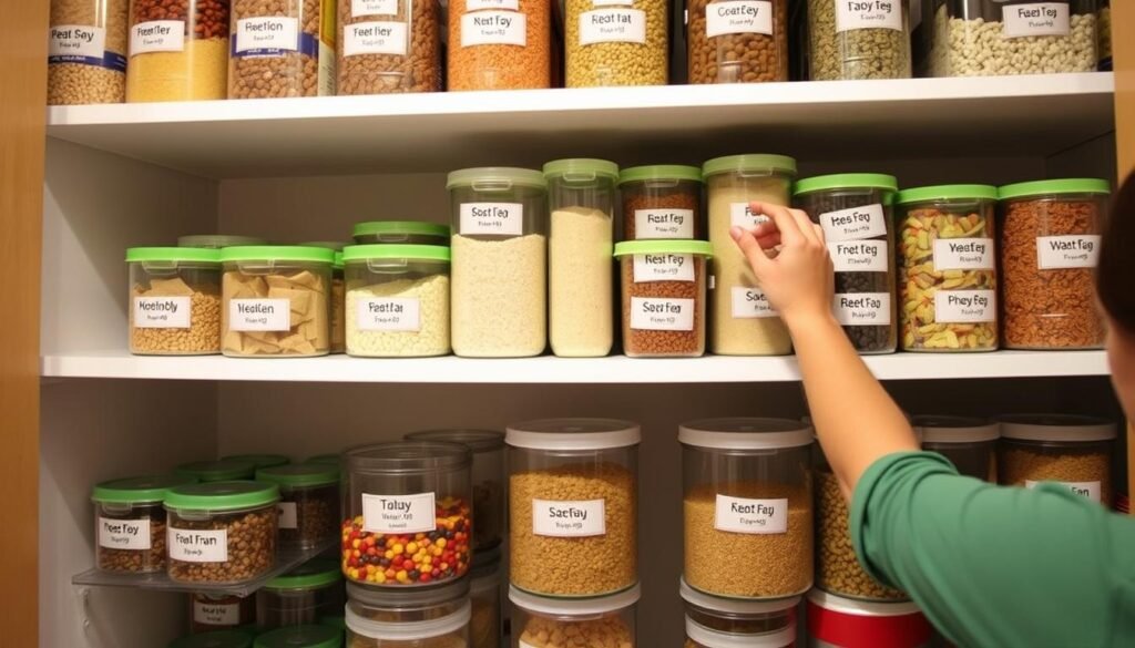 Person organizing their emergency food storage pantry with labeled containers and rotation system