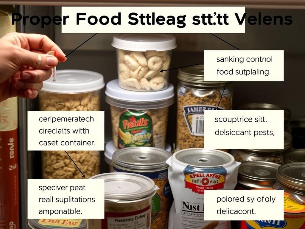 Proper food storage techniques showing temperature monitoring and pest prevention methods