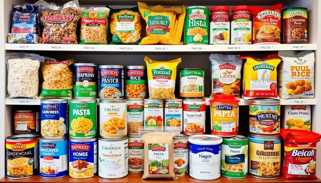 Various long-term storage foods including rice, beans, canned goods, and dried fruits arranged by category