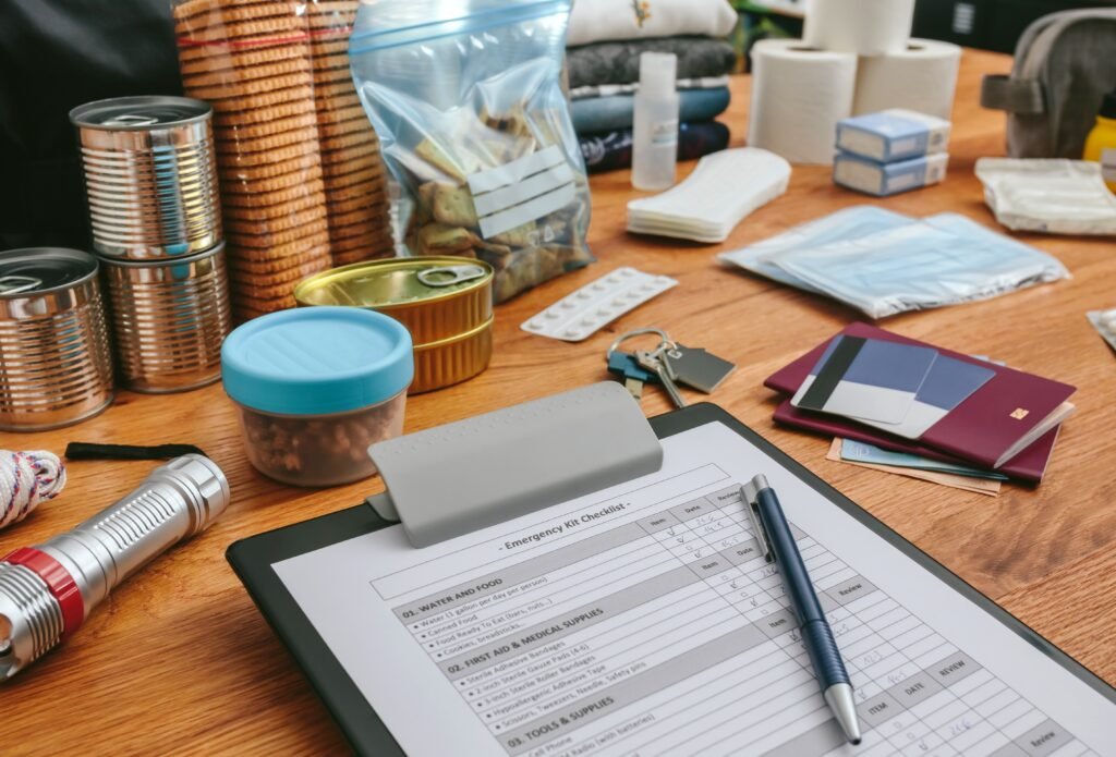 Completed 72-hour emergency kit with organized food supplies Completed 72-hour emergency kit with organized food and supplies