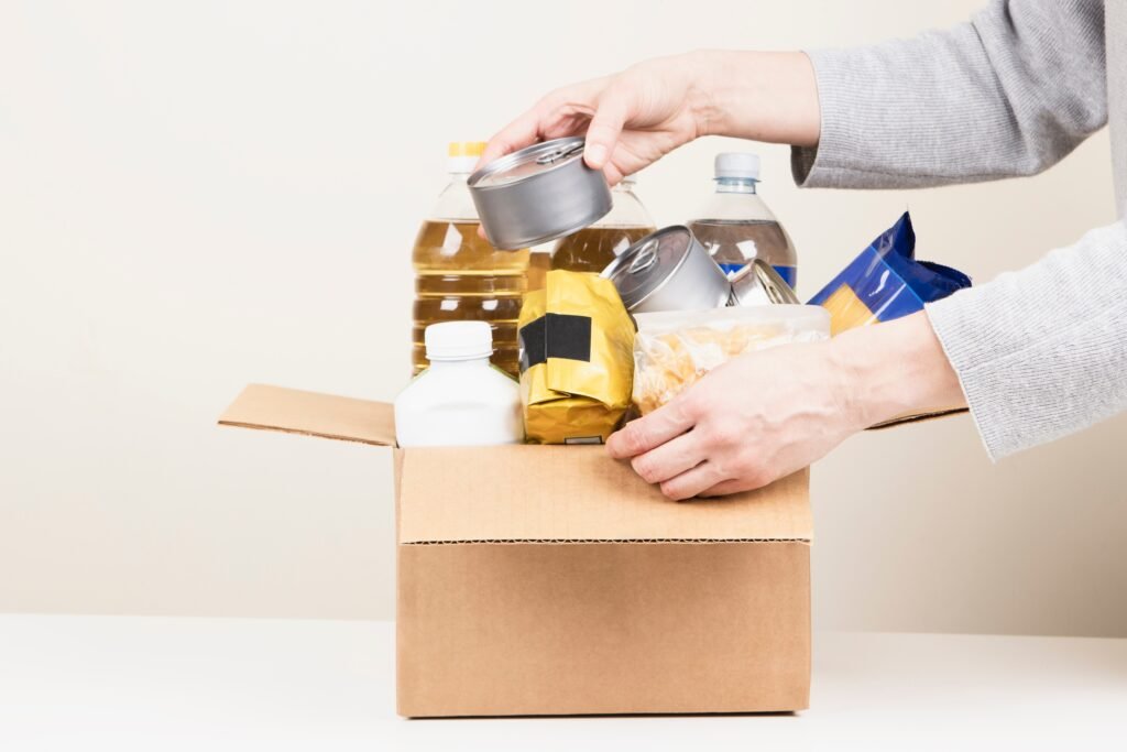 Properly packed and labeled emergency food supplies in storage containers Packaged emergency food for storage